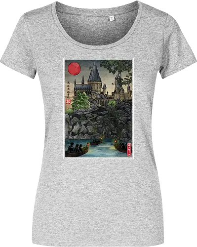 School of witchcraft and wizard woodblock - fantasy, wizard, ukiyo e, howarts, magic, castle, series, japanese art - Damen T-Shirt