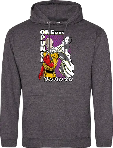 Kahlköpfiger Held im gelben Anzug - Neon Geek Kunst, kahlköpfiger Held, gelber Anzug, roter Handschuh, Anime-Stil, Magenta-Hintergrund, Otaku-Druck, japanische Kunst, fette Typografie, Otaku-Geschenk, mächtiger Held, Heldenumhang, Saitama, One Punch Man, ワンパンマン, anime, mangá, Retro-Neon-Kunst, Anime-Illustration, japanische Popkultur - Standard Hoodie