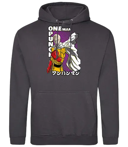 Kahlköpfiger Held im gelben Anzug - Neon Geek Kunst, kahlköpfiger Held, gelber Anzug, roter Handschuh, Anime-Stil, Magenta-Hintergrund, Otaku-Druck, japanische Kunst, fette Typografie, Otaku-Geschenk, mächtiger Held, Heldenumhang, Saitama, One Punch Man, ワンパンマン, anime, mangá, Retro-Neon-Kunst, Anime-Illustration, japanische Popkultur - Standard Hoodie