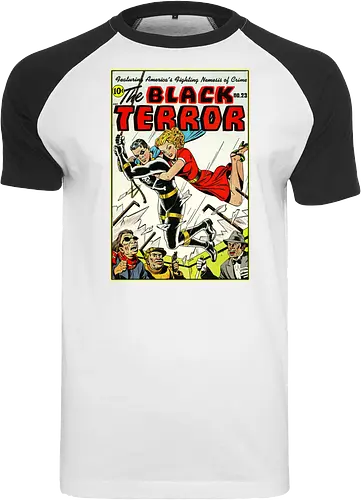 Klassischer Held der 40er - Vintage Comic Kunst, Retro 1940er Cover, Black Terror, Golden Age Comics, klassischer amerikanischer Held, Pulp Comic Kunst, Vintage Superheld, Retro Druck, Comic Sammler, 1940er Kunst, klassische Illustration, Sammler Geschenk, goldenes Zeitalter Comic, Schwarzer Anzug Held, ikonisches Cover, Retro amerikanische Kunst, klassische Popkultur - Raglan T-Shirt