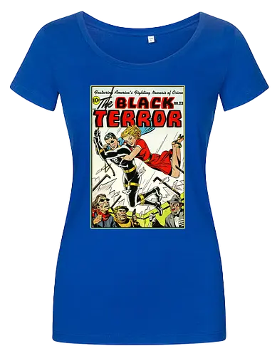 Klassischer Held der 40er - Vintage Comic Kunst, Retro 1940er Cover, Black Terror, Golden Age Comics, klassischer amerikanischer Held, Pulp Comic Kunst, Vintage Superheld, Retro Druck, Comic Sammler, 1940er Kunst, klassische Illustration, Sammler Geschenk, goldenes Zeitalter Comic, Schwarzer Anzug Held, ikonisches Cover, Retro amerikanische Kunst, klassische Popkultur - Damen T-Shirt