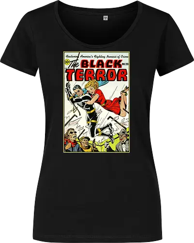 Klassischer Held der 40er - Vintage Comic Kunst, Retro 1940er Cover, Black Terror, Golden Age Comics, klassischer amerikanischer Held, Pulp Comic Kunst, Vintage Superheld, Retro Druck, Comic Sammler, 1940er Kunst, klassische Illustration, Sammler Geschenk, goldenes Zeitalter Comic, Schwarzer Anzug Held, ikonisches Cover, Retro amerikanische Kunst, klassische Popkultur - Damen T-Shirt