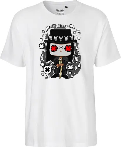 Voodoo-Entität Chibi - dunkle Chibi-Kunst, Voodoo-Entität, Totenkopf-Zylinder, rote Augen, Horror-Druck, übernatürlicher Charakter, Papa Legba, American Horror Story, AHS Coven, Funko Pop, vodu, Geek Horror Kunst, Chibi Sammlerstück, Machtstab, Horror-Fan-Geschenk, mystische Figur, Voodoo-Ästhetik, Horror-Geek-Kleidung, exklusive dunkle Kunst, geheimnisvoller Charakter - Fairtrade T-Shirt