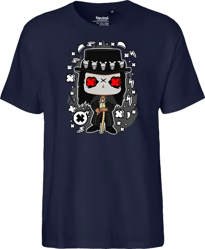 Voodoo-Entität Chibi - dunkle Chibi-Kunst, Voodoo-Entität, Totenkopf-Zylinder, rote Augen, Horror-Druck, übernatürlicher Charakter, Papa Legba, American Horror Story, AHS Coven, Funko Pop, vodu, Geek Horror Kunst, Chibi Sammlerstück, Machtstab, Horror-Fan-Geschenk, mystische Figur, Voodoo-Ästhetik, Horror-Geek-Kleidung, exklusive dunkle Kunst, geheimnisvoller Charakter - Fairtrade T-Shirt