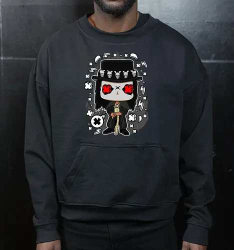 Voodoo-Entität Chibi - dunkle Chibi-Kunst, Voodoo-Entität, Totenkopf-Zylinder, rote Augen, Horror-Druck, übernatürlicher Charakter, Papa Legba, American Horror Story, AHS Coven, Funko Pop, vodu, Geek Horror Kunst, Chibi Sammlerstück, Machtstab, Horror-Fan-Geschenk, mystische Figur, Voodoo-Ästhetik, Horror-Geek-Kleidung, exklusive dunkle Kunst, geheimnisvoller Charakter - Cropped Sweatshirt