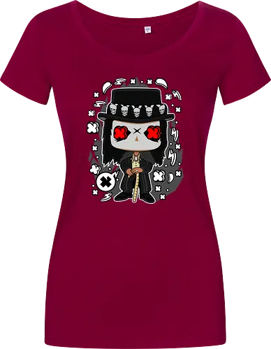 Voodoo-Entität Chibi - dunkle Chibi-Kunst, Voodoo-Entität, Totenkopf-Zylinder, rote Augen, Horror-Druck, übernatürlicher Charakter, Papa Legba, American Horror Story, AHS Coven, Funko Pop, vodu, Geek Horror Kunst, Chibi Sammlerstück, Machtstab, Horror-Fan-Geschenk, mystische Figur, Voodoo-Ästhetik, Horror-Geek-Kleidung, exklusive dunkle Kunst, geheimnisvoller Charakter - Damen T-Shirt