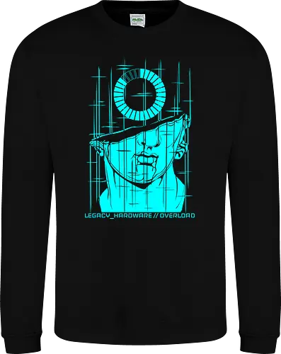 OVERLOAD // cyan_screen_of_death.exe - rrg.exe, legacy hardware, overload, glitch art, colossal head, statue, stuck loading, infinite loading, system error, cyberpunk, techwear, dark art, dark aesthetic, geekwear, streetwear, programmer humor, monochrome, neon cyan, dead pixel, blue screen of death, marble, broken statue - Sweatshirt