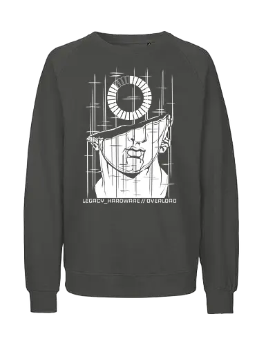 OVERLOAD // white_noise.raw - rrg.exe, legacy hardware, overload, glitch art, colossal head, statue, stuck loading, infinite loading, system error, cyberpunk, techwear, dark art, dark aesthetic, geekwear, streetwear, programmer humor, monochrome, neon cyan, dead pixel, blue screen of death, marble, broken statue - Fairtrade Sweatshirt