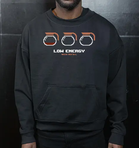 Low Energy Need Refill Coffee - coffee, 8bit, caffeine, caffeine addict, coffee drinks, coffee lover, cup of coffee, espresso, funny, i love coffee, low energy, morning coffee, pixelart, retro, sleepy - Cropped Sweatshirt