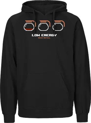Low Energy Need Refill Coffee - coffee, 8bit, caffeine, caffeine addict, coffee drinks, coffee lover, cup of coffee, espresso, funny, i love coffee, low energy, morning coffee, pixelart, retro, sleepy - Fairtrade Hoodie