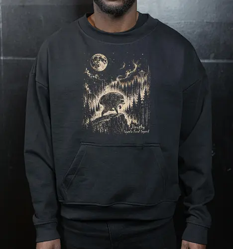 Jimothy Waschbär – Seattle Feral Legend Vintage im Mondlicht - Jimothy, Waschbär, Seattle, Ballard, Washington, Pacific Northwest, Vintage, Retro, Vollmond, Wald, Space Needle, Kupferstich, Natur, Wildlife, Abenteuer - Cropped Sweatshirt