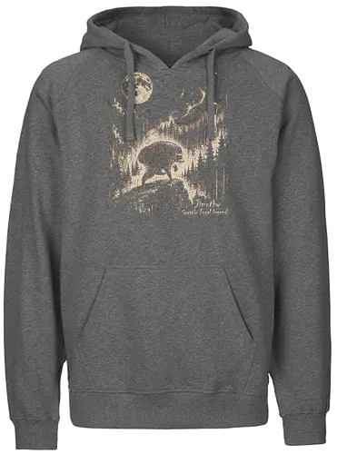 Jimothy Waschbär – Seattle Feral Legend Vintage im Mondlicht - Jimothy, Waschbär, Seattle, Ballard, Washington, Pacific Northwest, Vintage, Retro, Vollmond, Wald, Space Needle, Kupferstich, Natur, Wildlife, Abenteuer - Fairtrade Hoodie