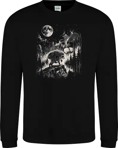 Jimothy Waschbär – Seattle Feral Legend Retro Wald Design - Jimothy, Waschbär, Seattle Legend, Retro, Vintage Art, Mond, Wald, Evergreen, Naturfreund, Seattle Skyline, Gravur, Outdoor, Pacific Northwest, Tiermotiv, Illustration - Sweatshirt