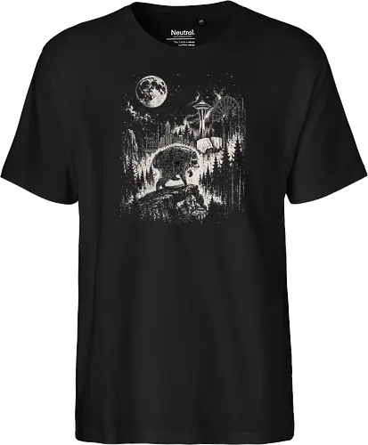 Jimothy Waschbär – Seattle Feral Legend Retro Wald Design - Jimothy, Waschbär, Seattle Legend, Retro, Vintage Art, Mond, Wald, Evergreen, Naturfreund, Seattle Skyline, Gravur, Outdoor, Pacific Northwest, Tiermotiv, Illustration - Fairtrade T-Shirt