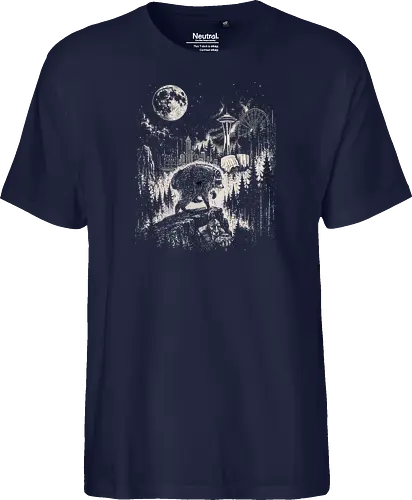 Jimothy Waschbär – Seattle Feral Legend Retro Wald Design - Jimothy, Waschbär, Seattle Legend, Retro, Vintage Art, Mond, Wald, Evergreen, Naturfreund, Seattle Skyline, Gravur, Outdoor, Pacific Northwest, Tiermotiv, Illustration - Fairtrade T-Shirt