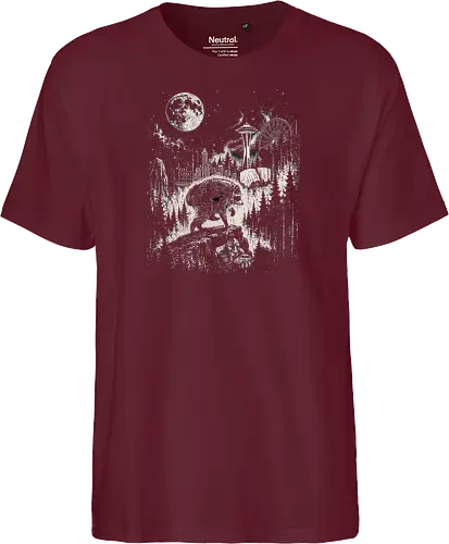 Jimothy Waschbär – Seattle Feral Legend Retro Wald Design - Jimothy, Waschbär, Seattle Legend, Retro, Vintage Art, Mond, Wald, Evergreen, Naturfreund, Seattle Skyline, Gravur, Outdoor, Pacific Northwest, Tiermotiv, Illustration - Fairtrade T-Shirt