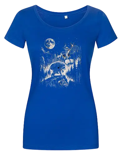 Jimothy Waschbär – Seattle Feral Legend Retro Wald Design - Jimothy, Waschbär, Seattle Legend, Retro, Vintage Art, Mond, Wald, Evergreen, Naturfreund, Seattle Skyline, Gravur, Outdoor, Pacific Northwest, Tiermotiv, Illustration - Damen T-Shirt