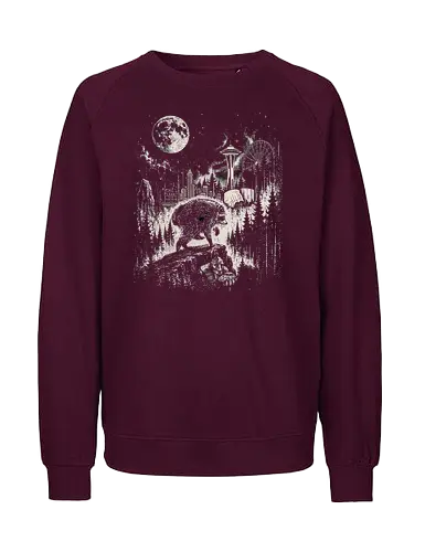 Jimothy Waschbär – Seattle Feral Legend Retro Wald Design - Jimothy, Waschbär, Seattle Legend, Retro, Vintage Art, Mond, Wald, Evergreen, Naturfreund, Seattle Skyline, Gravur, Outdoor, Pacific Northwest, Tiermotiv, Illustration - Fairtrade Sweatshirt