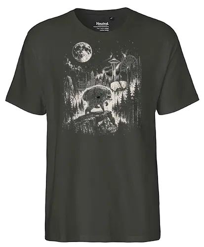 Jimothy Waschbär – Seattle Feral Legend Retro Wald Design - Jimothy, Waschbär, Seattle Legend, Retro, Vintage Art, Mond, Wald, Evergreen, Naturfreund, Seattle Skyline, Gravur, Outdoor, Pacific Northwest, Tiermotiv, Illustration - Fairtrade T-Shirt