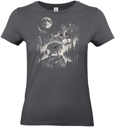 Jimothy Waschbär – Seattle Feral Legend Retro Wald Design - Jimothy, Waschbär, Seattle Legend, Retro, Vintage Art, Mond, Wald, Evergreen, Naturfreund, Seattle Skyline, Gravur, Outdoor, Pacific Northwest, Tiermotiv, Illustration - Standard T-Shirt (Frauen)