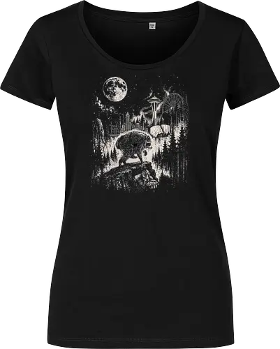 Jimothy Waschbär – Seattle Feral Legend Retro Wald Design - Jimothy, Waschbär, Seattle Legend, Retro, Vintage Art, Mond, Wald, Evergreen, Naturfreund, Seattle Skyline, Gravur, Outdoor, Pacific Northwest, Tiermotiv, Illustration - Damen T-Shirt