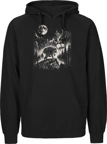 Jimothy Waschbär – Seattle Feral Legend Retro Wald Design - Jimothy, Waschbär, Seattle Legend, Retro, Vintage Art, Mond, Wald, Evergreen, Naturfreund, Seattle Skyline, Gravur, Outdoor, Pacific Northwest, Tiermotiv, Illustration - Fairtrade Hoodie