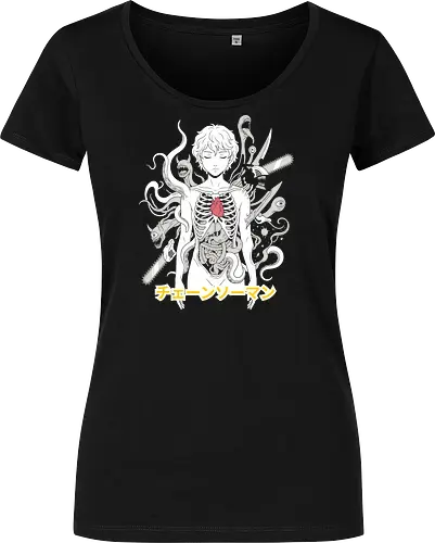 The Contract Heart - Denji heart graphic, anime anatomy apparel, dark fantasy streetwear, negative space anime tee, devil hunter clothing, Pochita contract merch, edgy otaku fashion, body horror aesthetic, Japanese text manga shirt - Damen T-Shirt