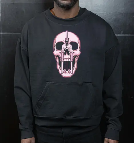 The Skull Illusion - Denji graphic tee, pastel goth anime apparel, pink skull design, edgy otaku streetwear, anime optical illusion, dark fantasy manga tee, aesthetic anime clothing, devil hunter merch, subtle anime fashion - Cropped Sweatshirt