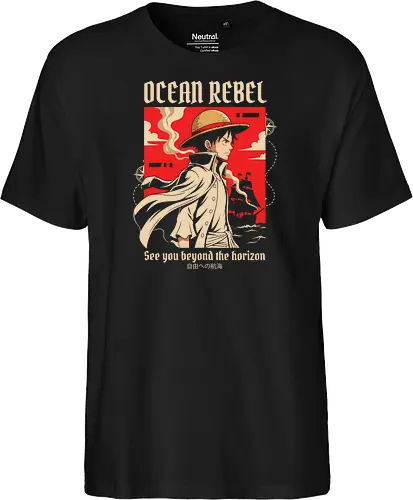 Ocean Rebel - Luffy graphic shirt, pirate captain apparel, Ocean Rebel streetwear, retro anime poster design, shonen manga clothing, Straw Hat pirate merch, aesthetic otaku fashion, Japanese nautical graphic, red anime silhouette tee - Fairtrade T-Shirt