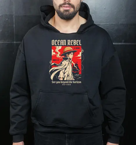 Ocean Rebel - Luffy graphic shirt, pirate captain apparel, Ocean Rebel streetwear, retro anime poster design, shonen manga clothing, Straw Hat pirate merch, aesthetic otaku fashion, Japanese nautical graphic, red anime silhouette tee - Cropped Hoodie