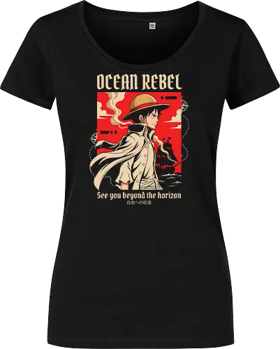 Ocean Rebel - Luffy graphic shirt, pirate captain apparel, Ocean Rebel streetwear, retro anime poster design, shonen manga clothing, Straw Hat pirate merch, aesthetic otaku fashion, Japanese nautical graphic, red anime silhouette tee - Damen T-Shirt