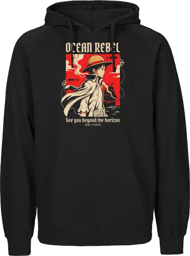 Ocean Rebel - Luffy graphic shirt, pirate captain apparel, Ocean Rebel streetwear, retro anime poster design, shonen manga clothing, Straw Hat pirate merch, aesthetic otaku fashion, Japanese nautical graphic, red anime silhouette tee - Fairtrade Hoodie