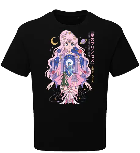 Princess of the Stars: Celestial Guardians - magical girl anime shirt, pastel aesthetic graphic tee, moon princess apparel, shoujo manga streetwear, 90s retro anime clothing, kawaii celestial design, Japanese text aesthetic shirt, anime planetary guardians, fairycore otaku fashion, magical nostalgic merch - Oversize T-Shirt