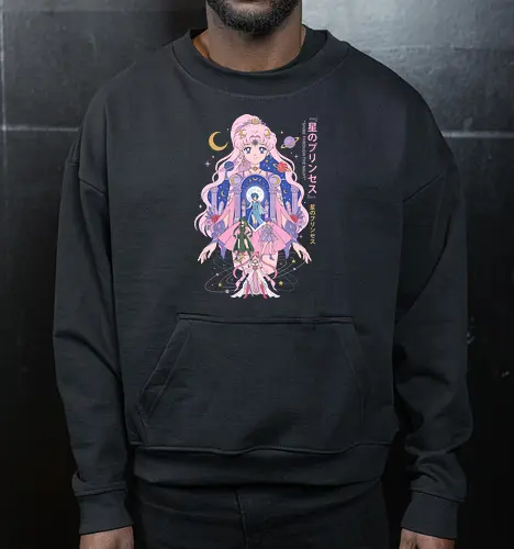 Princess of the Stars: Celestial Guardians - magical girl anime shirt, pastel aesthetic graphic tee, moon princess apparel, shoujo manga streetwear, 90s retro anime clothing, kawaii celestial design, Japanese text aesthetic shirt, anime planetary guardians, fairycore otaku fashion, magical nostalgic merch - Cropped Sweatshirt