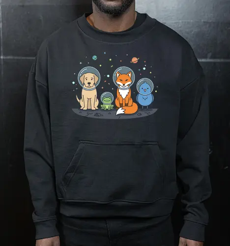 Space Cadets: The Animal Crew - animal astronaut shirt, space animals graphic tee, kawaii galaxy apparel, dog and fox space merch, cute astronomy clothing, kids space exploration shirt, whimsical universe design, pastel galaxy aesthetic tee, funny space crew clothing, animal lovers sci-fi shirt - Cropped Sweatshirt