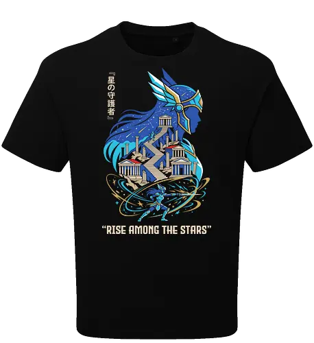 Rise Among the Stars: The Pegasus Goddess - Athena goddess apparel, retro 80s anime streetwear, Greek mythology anime clothing, nostalgic shonen manga tee, Japanese text anime shirt, epic magical battle design, aesthetic otaku fashion, Pegasus graphic tee - Oversize T-Shirt