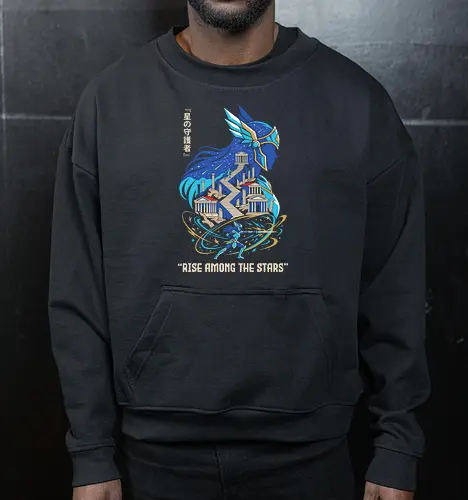 Rise Among the Stars: The Pegasus Goddess - Athena goddess apparel, retro 80s anime streetwear, Greek mythology anime clothing, nostalgic shonen manga tee, Japanese text anime shirt, epic magical battle design, aesthetic otaku fashion, Pegasus graphic tee - Cropped Sweatshirt