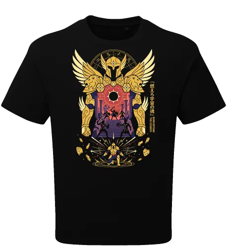 The Golden Lion: Burn Beyond The Cosmos - Gold Saint apparel, Leo armor graphic, cosmic anime streetwear, Greek mythology anime clothing, 80s retro shonen tee, zodiac constellation design, burn your cosmos shirt, aesthetic otaku fashion - Oversize T-Shirt