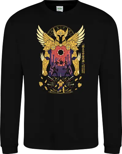 The Golden Lion: Burn Beyond The Cosmos - Gold Saint apparel, Leo armor graphic, cosmic anime streetwear, Greek mythology anime clothing, 80s retro shonen tee, zodiac constellation design, burn your cosmos shirt, aesthetic otaku fashion - Sweatshirt