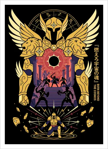 The Golden Lion: Burn Beyond The Cosmos - Gold Saint apparel, Leo armor graphic, cosmic anime streetwear, Greek mythology anime clothing, 80s retro shonen tee, zodiac constellation design, burn your cosmos shirt, aesthetic otaku fashion - Kunstdruck