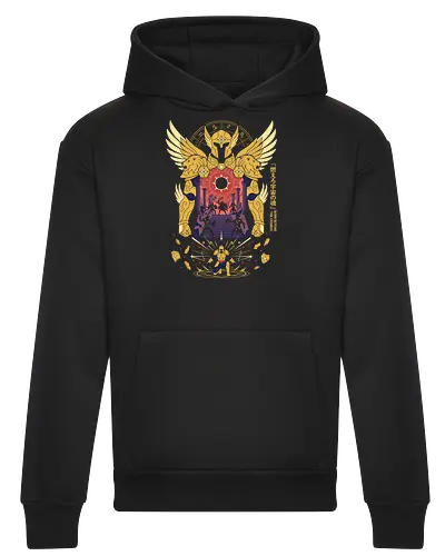 The Golden Lion: Burn Beyond The Cosmos - Gold Saint apparel, Leo armor graphic, cosmic anime streetwear, Greek mythology anime clothing, 80s retro shonen tee, zodiac constellation design, burn your cosmos shirt, aesthetic otaku fashion - Heavyweight Hoodie