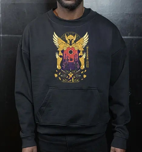 The Golden Lion: Burn Beyond The Cosmos - Gold Saint apparel, Leo armor graphic, cosmic anime streetwear, Greek mythology anime clothing, 80s retro shonen tee, zodiac constellation design, burn your cosmos shirt, aesthetic otaku fashion - Cropped Sweatshirt