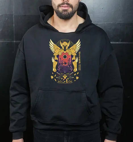 The Golden Lion: Burn Beyond The Cosmos - Gold Saint apparel, Leo armor graphic, cosmic anime streetwear, Greek mythology anime clothing, 80s retro shonen tee, zodiac constellation design, burn your cosmos shirt, aesthetic otaku fashion - Cropped Hoodie