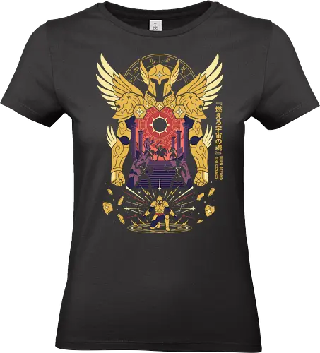 The Golden Lion: Burn Beyond The Cosmos - Gold Saint apparel, Leo armor graphic, cosmic anime streetwear, Greek mythology anime clothing, 80s retro shonen tee, zodiac constellation design, burn your cosmos shirt, aesthetic otaku fashion - Standard T-Shirt (Frauen)