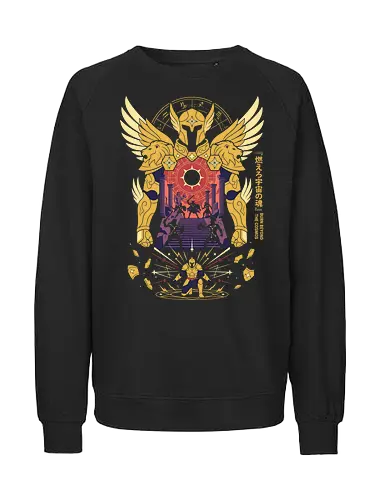 The Golden Lion: Burn Beyond The Cosmos - Gold Saint apparel, Leo armor graphic, cosmic anime streetwear, Greek mythology anime clothing, 80s retro shonen tee, zodiac constellation design, burn your cosmos shirt, aesthetic otaku fashion - Fairtrade Sweatshirt