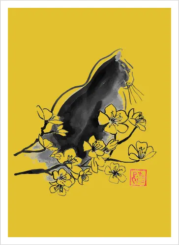 profil sakura cat - cat, sumie, japan - Kunstdruck