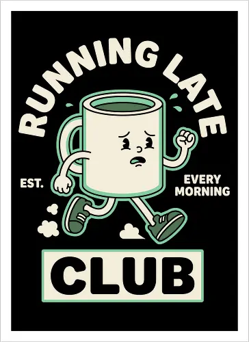 Running Late Club: The Tired Coffee Mug - running late club shirt, funny coffee graphic tee, retro rubber hose cartoon, vintage mascot apparel, pastel green aesthetic clothing, relatable morning humor shirt, tired coffee mug design, quirky streetwear fashion, caffeine lover merch, everyday struggle graphic - Kunstdruck