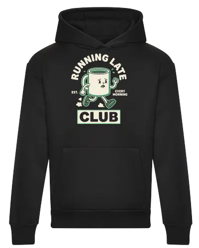 Running Late Club: The Tired Coffee Mug - running late club shirt, funny coffee graphic tee, retro rubber hose cartoon, vintage mascot apparel, pastel green aesthetic clothing, relatable morning humor shirt, tired coffee mug design, quirky streetwear fashion, caffeine lover merch, everyday struggle graphic - Heavyweight Hoodie