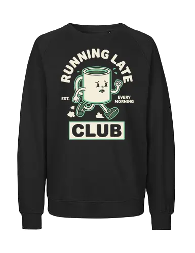 Running Late Club: The Tired Coffee Mug - running late club shirt, funny coffee graphic tee, retro rubber hose cartoon, vintage mascot apparel, pastel green aesthetic clothing, relatable morning humor shirt, tired coffee mug design, quirky streetwear fashion, caffeine lover merch, everyday struggle graphic - Fairtrade Sweatshirt