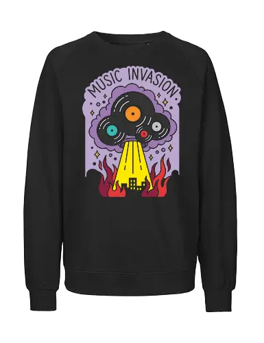 Music Invasion: The Vinyl Saucer - music invasion shirt, vinyl record graphic tee, UFO alien apparel, retro music streetwear, DJ clothing, sci fi pop art, alien abduction design, vintage record collector merch, quirky indie fashion, burning city music graphic - Fairtrade Sweatshirt